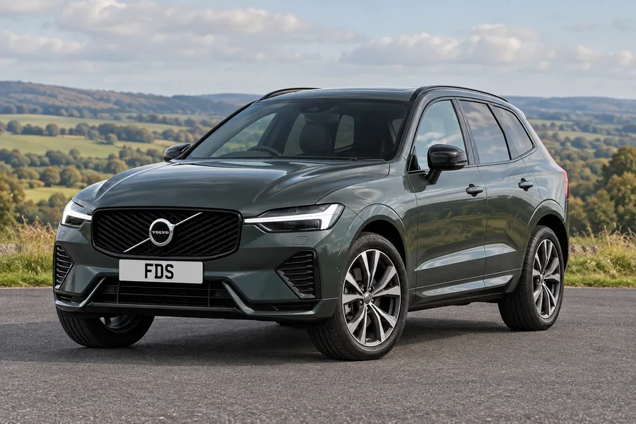 A green Volvo XC60 on tarmac with open countryside behind.